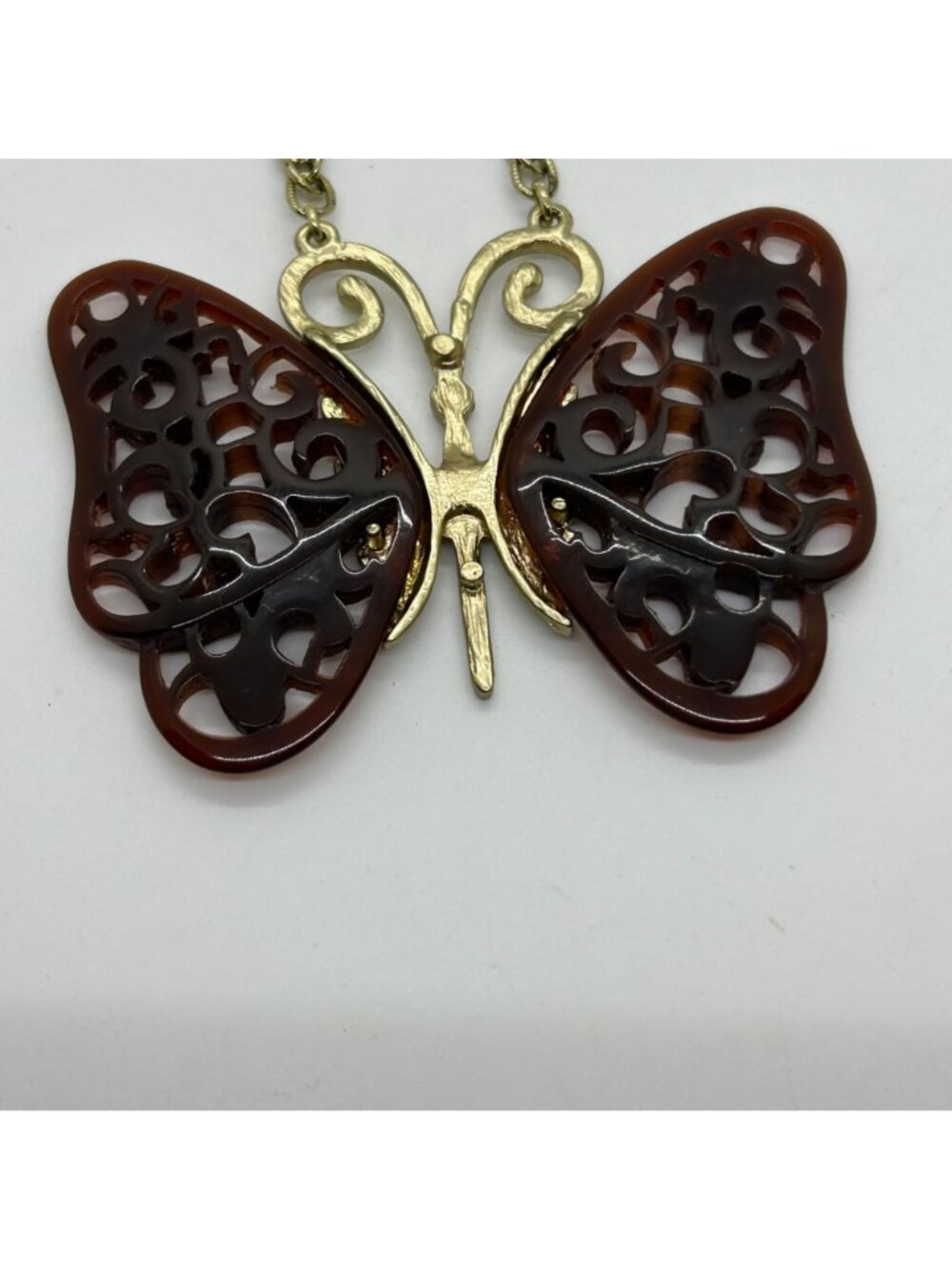 Vintage Anthropologie Butterfly Pendant Necklace Brown Filigree Wings Gold-Tone - Picture 10 of 15